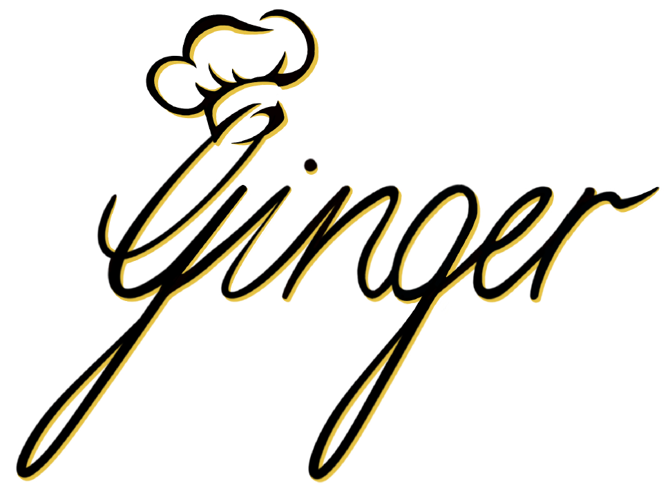 Das Logo von Ginger Culinary, der Schriftzug Ginger in schwarz-gelb mit einer Kochmütze auf dem "G"